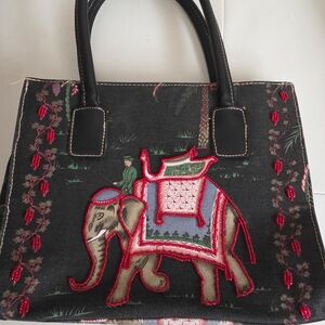 Embroidered Elephant Design Black Tote Bag